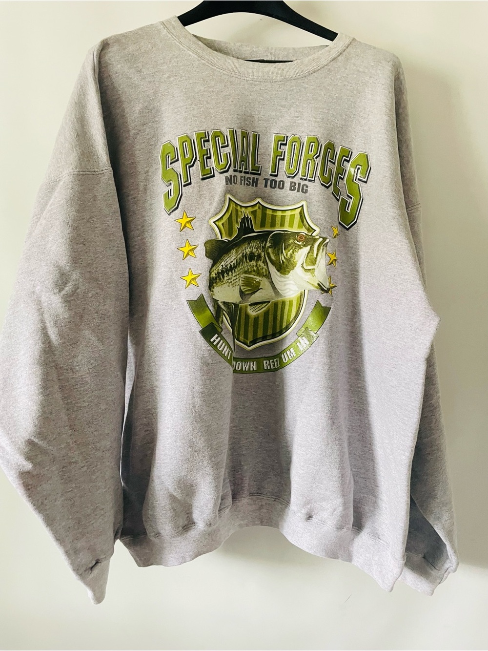 Vintage Hanes Gray Crewneck Sweatshirt with Lime Green Fishing Graphic - Men's